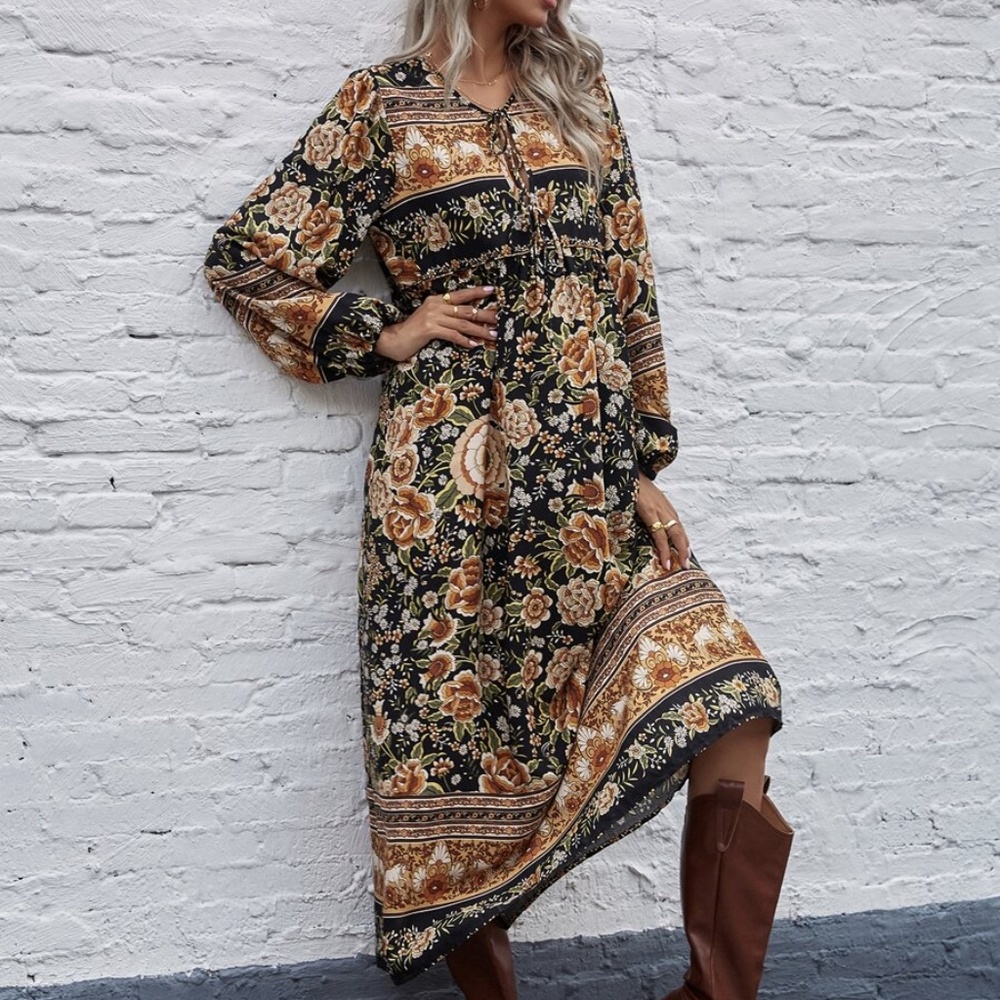 Boho gypsy floral print long sleeve maxi dress - Picture 2 of 8
